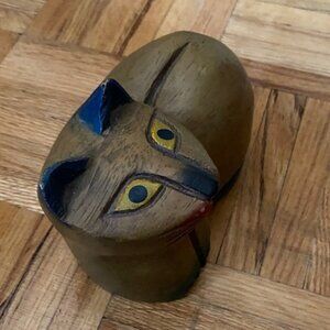 Handcrated hand carved Hand painted vintage Wooden Cat Kitty Figurine